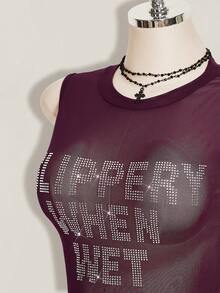 SHEIN ICON 加大码 Y2k 夏季黑色网纱透视性感水钻亮片女士水钻字母网纱露背紧身吊带背心 - 紫色 - 查看 5