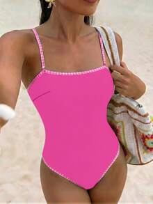 Swim Vcay Fashionable Ditsy Floral With Geometric Trim Design One-Piece Swimsuit, Popular For Beach Wear In Spring/Summer - Hot Pink - View 2