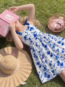 SHEIN Tween Girl Pink Floral Spaghetti Strap Homecoming Dress Fall Outfits Fall Dress Dresses For Girls - Blue - View 3