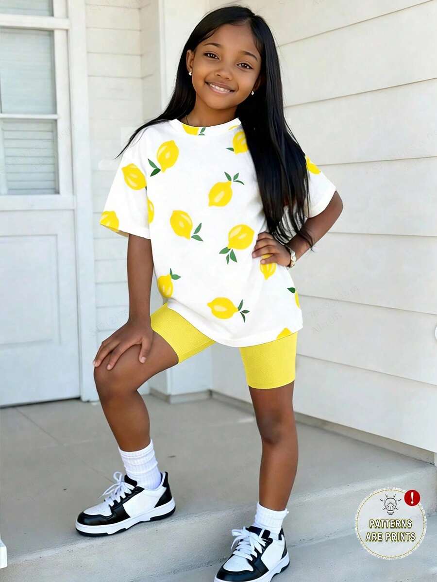 Tween Girls' Casual Lemon Print Dropped Shoulder Loose T-Shirt And Bike Shorts Set, Summer Beach Vacation - Multicolor - View 1