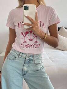 Livesso 女士休闲印花圆领短袖T恤 - 粉色 - 查看 5