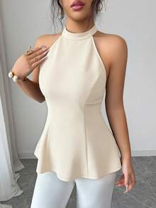 Elenzga Top de camisola de unicolor con cintura ceñida, decoración de hebilla de metal y espalda descubierta, adecuado para primavera y verano - Albaricoque - Ver 4