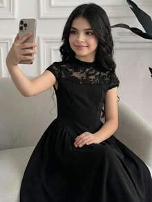 Teen Girl Spring/Summer Elegant Lace Patchwork Long Dress, Dress With Stand Collar, Short Sleeve, Cinched Waist, Ruched Full Skirt, - Black - View 5