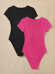 SHEIN EZwear 休閒簡約女款 2 件組圓領短袖貼身連身衣 - 彩色 - 查看 2