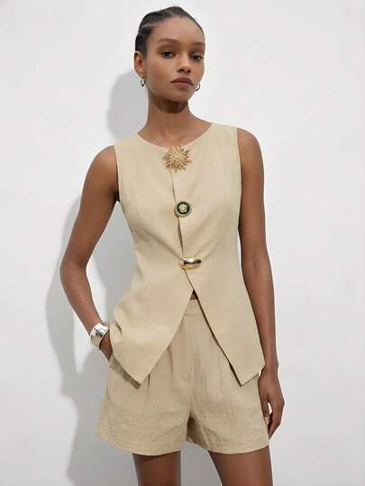 SHEIN Maija Elegant Women's Summer 2 Piece Linen Set,Gold Metal Buckle Vest & Shorts Suit,Tea Party Vacation Beach Outfits,Casual Country Style Attire