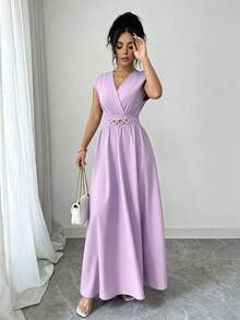 Franclia Đầm đỏ anh đào thanh lịch dành cho nữ, cổ chữ V, tay cánh dơi, eo thon, vạt xòe, không tay, thích hợp cho mùa xuân/hè. - Màu tím hoa cà - Xem 6