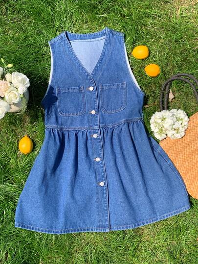 Comfortcana Đầm denim không tay cổ chữ V, túi phối màu, cài một hàng khuy dành cho nữ, thích hợp cho kỳ nghỉ hè, đi làm hàng ngày.