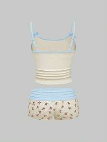 ROMWE J-Fashion Set Atasan Camisole Patchwork Renda Motif Rusa Lucu Dipadukan dengan Celana Pendek Motif Rusa di Seluruh Permukaan - Angsa kuning - View 2
