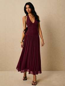 Poéselle Vestido de verano elegante de unicolor con escote halter y espalda descubierta para mujer - Burdeos - Ver 4
