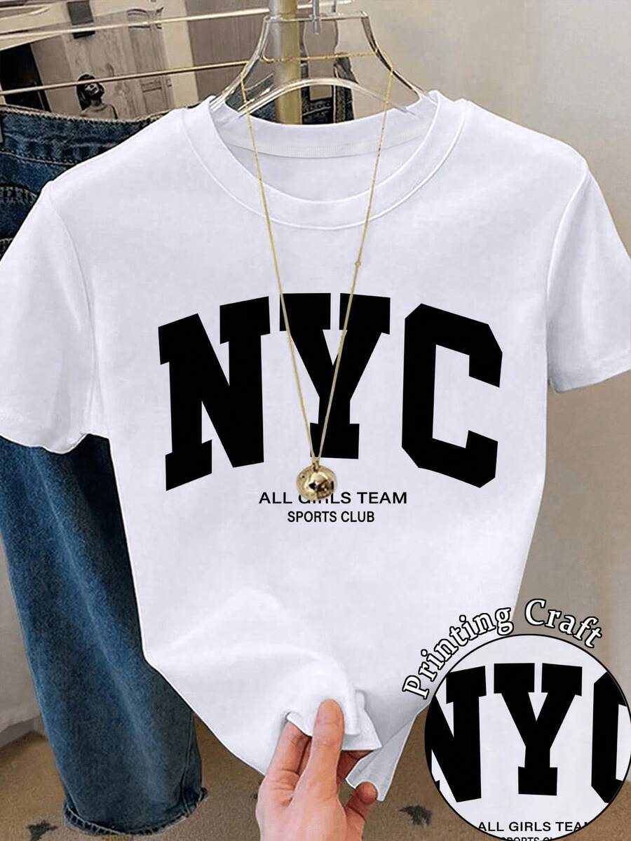 Franclia Women's Round Neck Letter Print Casual Short Sleeve T-Shirt, Summer - White - View 1