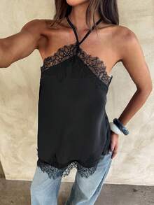 Opulessa Chaleco de mujer con cuello halter de encaje de contraste, adecuado para vacaciones de primavera/verano - Negro - Ver 7