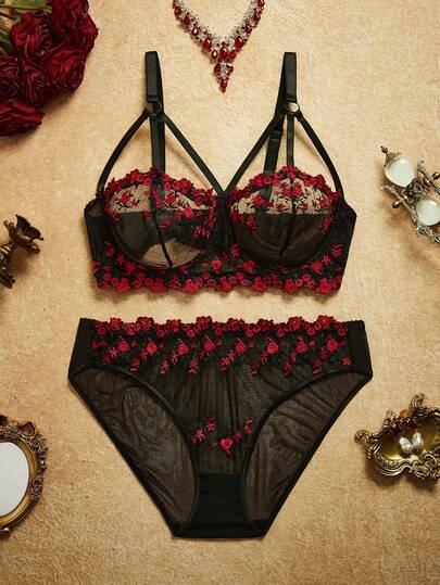 Set de 2 piezas de lencería sexy con sujetador y pantie con estampado floral romántico y efecto levantador para tallas grandes