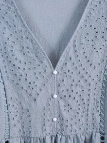 Lacomfia Casual Embroidered Patchwork 3/4 Sleeve Loose Regular Spring/Summer Plus Size Shirt - Dusty Blue - View 4