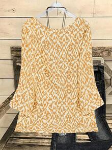 EMERY ROSE Camisa de manga larga con cuello redondo y estampado minimalista para tallas grandes - Amarillo - Ver 2