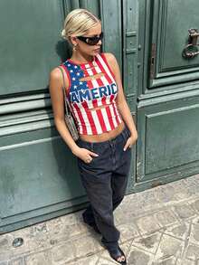 Gowayae 2026 Summer New Y2K American Retro AMERICA Flag Print Cutout Sleeveless Crop Top For Women Slim Fit Sexy Tank Top Music Festival Daily Wear 2000s Style - Red and White - View 3