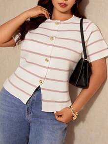 Elaquor Plus Size Front Button Striped Print Casual Short Sleeve Knit Top - Multicolor - View 7