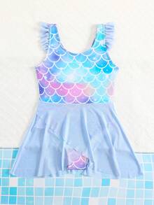 SHEIN Playful Pals Girls' One-Piece Swimsuit,Fish Scale Print Mesh Ruffle Hem Quick-Dry Knit Romper Swimwear For Summer,Beach,Holiday,Pool,Surfing,Vacation,Random Print - Blue - View 5