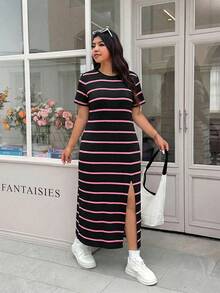 Solflare Black & White Striped Split Sleeve Plus Size Dress,For Daily Commute,Date, Commute, Party,Fall /Autumn/Winter/Summer,Christmas,New Year,Thanksgiving,Party,Wedding,Beach,Graduati,Chic,Sports,Casual,Going Out,Date,Appointment,Commute,Shining,Valentine's Day,Vacation,Casual,Y2k,Going Out,Graduation - Multicolor - View 3