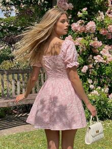 Sweet Ruffled Petal Sleeve Square Neck Waist Cinched Princess Floral Dress, Summer - Baby Pink - View 2