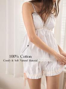 Ocili 女士夏季简约撞色蕾丝吊带背心和短裤睡衣套装 - 白色 - 查看 5
