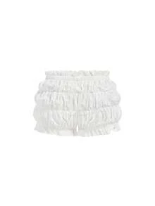 Sweetness Pantalones cortos con volantes en la cintura y lazo decorativo para mujer de talla grande - Blanco - Ver 2