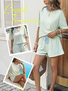 SHEIN LUNE Women's Casual Striped Color Block Summer Vacation Commute Daily Basic Fashion Outfit Short Sleeve T-Shirt And Shorts 2-Piece Set Women Vacation Outfit Sets Women's Summer Outfits Women's Spring Outfit Women 2 Pieces Outfit Casual - Multicolor - View 8