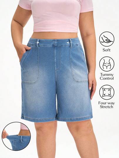 Flexra Plus Size Women Casual Versatile Everyday Denim Shorts With Pockets