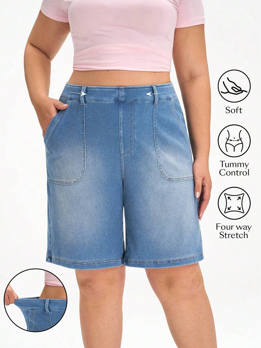 Flexra 大码女式休闲百搭日常牛仔短裤，带口袋 - 藍色 - 查看 1