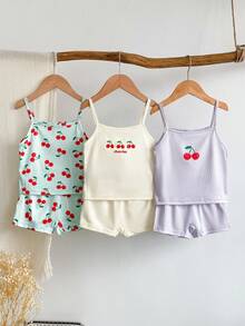 SHEIN 3件套少女粉色、白色、蓝色樱桃印花刺绣吊带背心和三角裤内衣套装，尺码偏小，建议选购大一码。 - 彩色 - 查看 3
