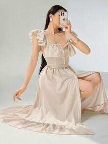 Heiryn Đầm nữ thanh lịch kiểu dáng nghỉ mát, họa tiết hoa kẻ sọc, xếp ly eo, thích hợp cho mùa hè. - Màu Khaki - Xem 3