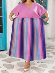 SHEIN CURVE+ Curve 尺码 US22 音乐节、海滨度假、波西米亚风女士彩虹褶皱V领灯笼袖系带背心毕业礼服婚礼宾客礼服女士学位模拟礼服女士沙滩裙女士假日太阳裙生日礼服女士骄傲节女士礼服优雅礼服女士休闲礼服女士生日礼服女士夏季礼服女士夏季礼服 - 彩色 - 查看 3