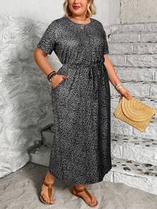 EMERY ROSE Plus Size Comfortable Elastic Leopard Print Waist Cinching Dress, Spring/Summer - Grey - View 3