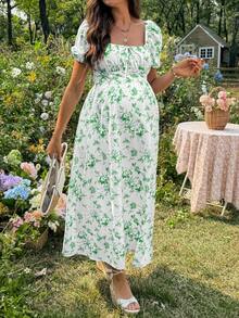 SHEIN Maternity Floral Print Ruched Square Neck Short Sleeve Dress For Summer - Green - View 5