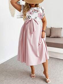 SHEIN Plus Size Maternity Dress Summer Pregnant Pink Floral For A Comfortable And Casual Vacation Elegant Print Patchwork - Pink - View 5