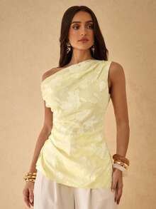 Silquee Women's Light Yellow Summer Elegant Romantic Asymmetrical Top,Ruffled Shoulders Drawstring Hem Ruched Design For Party Birthday,Beach Vacation Wedding - Pale Yellow - View 4