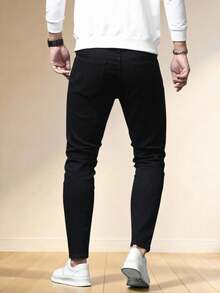 Manfinity CityGents Pantalones vaqueros ajustados y de mezclilla oscura lavada de algodón para hombre, de ajuste delgado, estilo negro liso, adecuado para trabajo, negocios o casual, ideal para esposo - Negro - Ver 2
