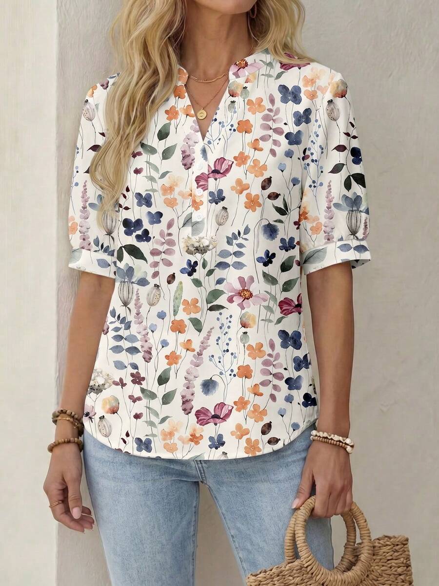 EMERY ROSE 休闲简约度假波西米亚风优雅浪漫复古花卉水彩彩色印花图案，适合音乐节、海滩装扮、度假装扮、女士夏季服装、女士衬衫 - 彩色 - 查看 1