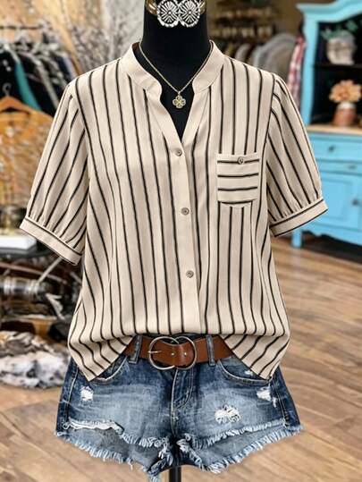 NostaNoir Women Striped Print Short Sleeve Blouse Women Shirt