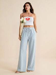 SHEIN Tall Knotted Striped Print Casual Straight Leg Pants For Summer - Blue - View 6