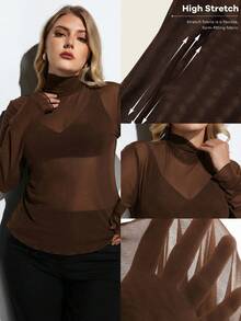 Maija Plus Size Women's High Neck Long Sleeve Sheer Blouse,Chocolate Brown Autumn Classy Night Out Club,Fitted Business Casual Mesh Top Mother's Day Outfit - Brown - View 8