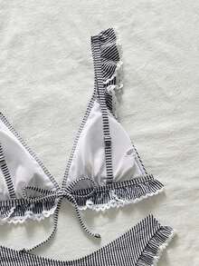 Swim Mod 2件套女童特制面料条纹荷叶边三角比基尼上衣和V领三角泳裤泳装比基尼套装，适合女性，两件套比基尼套装，扎金索斯岛度假套装，女士比基尼套装 - 黑與白 - 查看 6