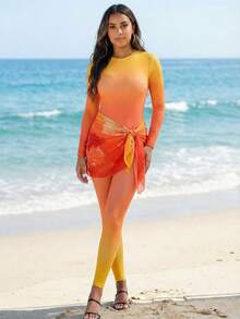 SHEIN Swim Shayni Orange Ombre Print Long Sleeve Bodysuit & Lily Flower Print Mesh Side Tie Skirt 2-Piece Swimsuit Set, Young Style For Women, Spring/Summer - Multicolor - View 6