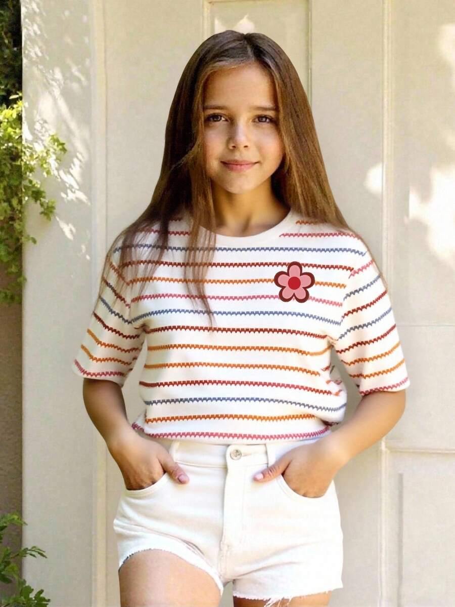 Girls' Round Neck Short Sleeve T-Shirt, Colorful Striped & Floral Pattern, Suitable For Spring And Summer, Casual And Fashionable - White - View 1