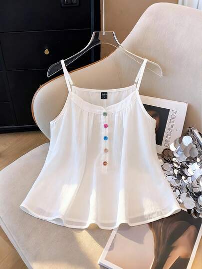 GlowEve CURVE Blusa sin mangas de mujer con cuello plisado, decoración de botones de colores y diseño minimalista elegante de unicolor
