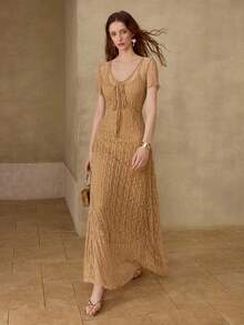 MOTF PREMIUM WOMEN'S TIE DETAIL LACE DRESS - Khaki - View 1