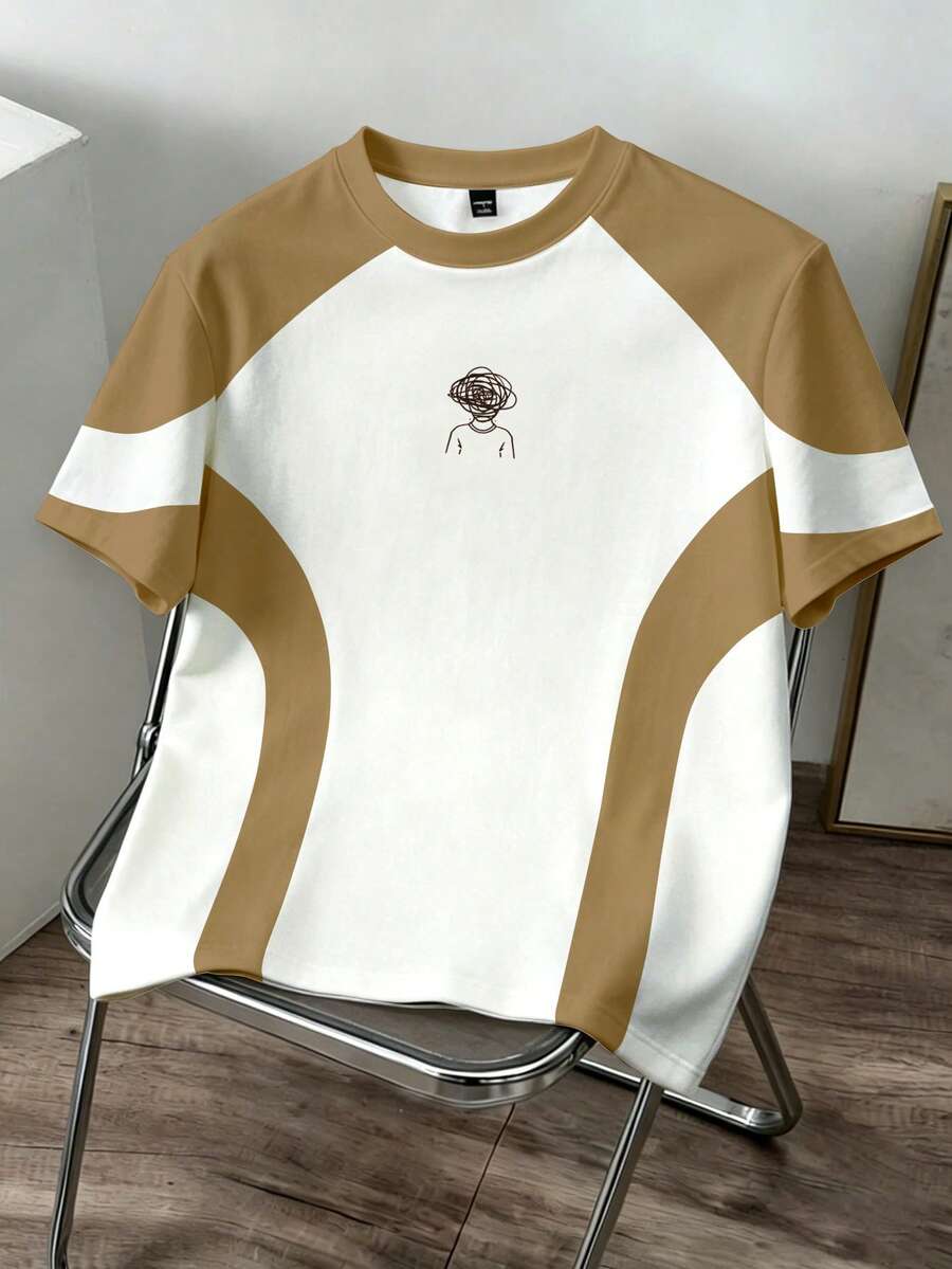 Manfinity Joysei Camiseta de manga corta de cuello redondo con parches de colores casual para hombres, versátil para uso diario - Caqui - Ver 1