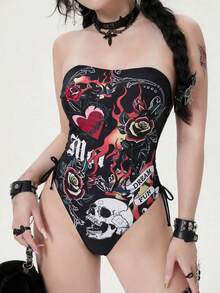 ROMWE Women's Elegant Gothic Skull Rose Print Halter One-Piece Swimsuit, Suitable For Beach, Resort, Vacation In Spring, Summer And Autumn Goth Bathing Suits For Women - Black - View 8