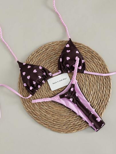 Swim Mod 夏季新款性感吊带系带甜美少女坦克比基尼泳衣，小胸显瘦撞色泳装，心形设计性感时尚比基尼，配编织裤绳，适合海滩、度假村、蜜月旅行、度假等场合。