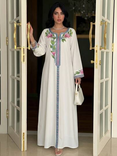 Yasmyna Women's Elegant Floral Print Notch Neck Loose Dress, Autumn