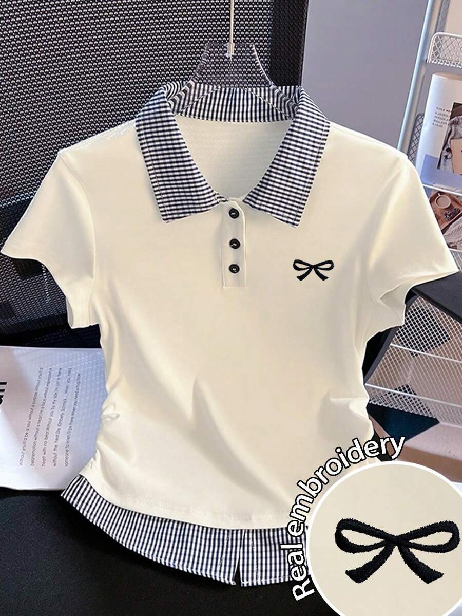 Resyla 女士二合一学院风夏季蝴蝶结刺绣休闲短袖Polo衫 - 彩色 - 查看 1